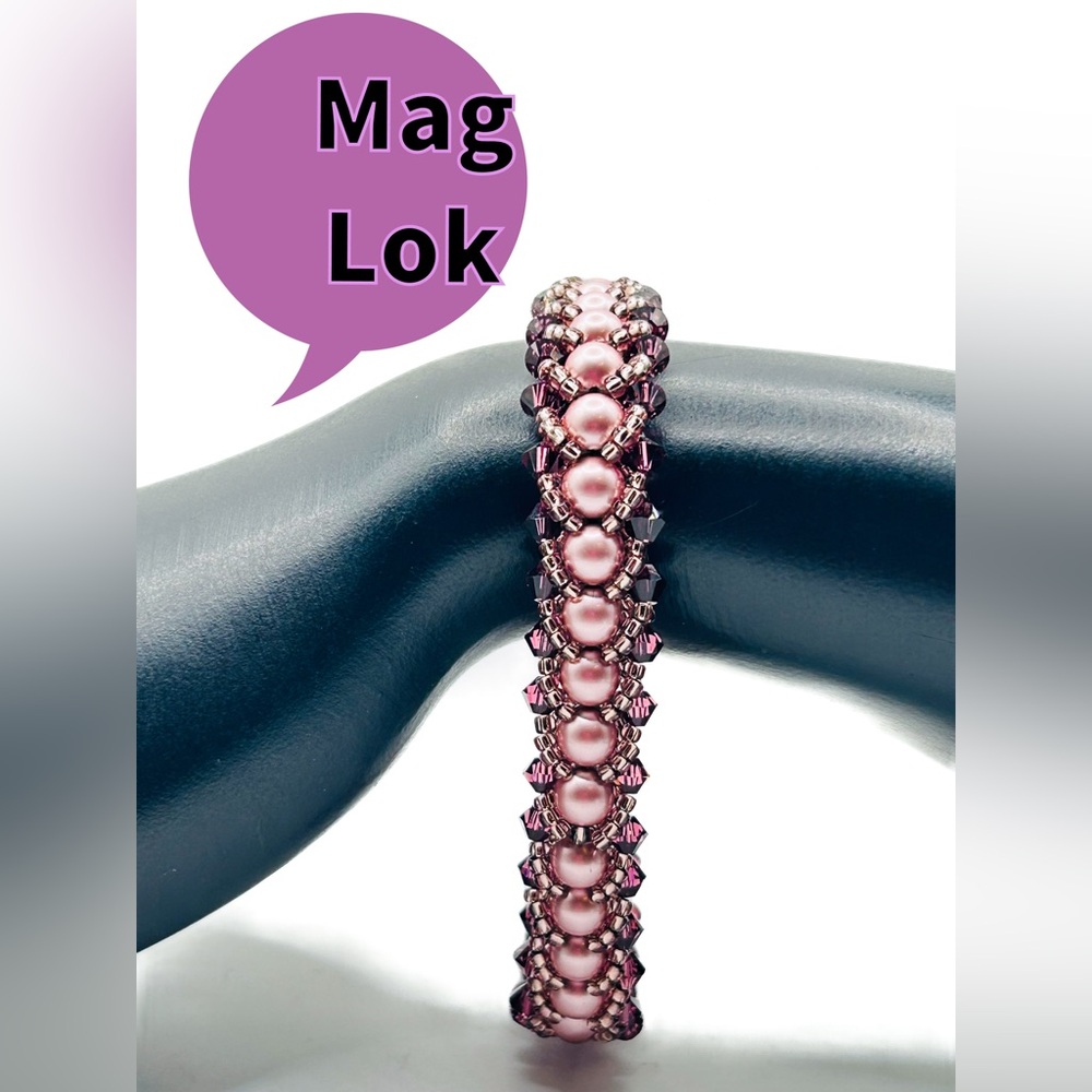 Handwoven Pink Pearl and Pink Crystal Beadwork Bracelet with Mag-Lok Clasp
